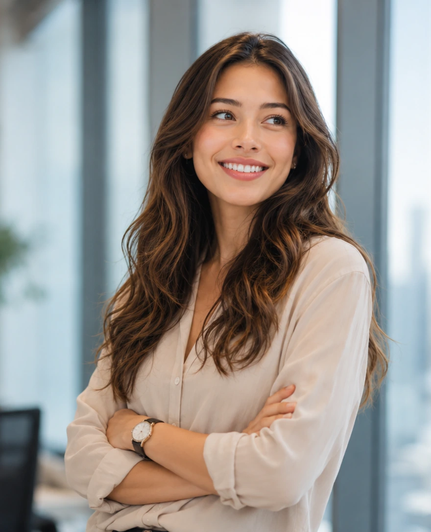 Smiling woman in an office considering a Personify personal loan